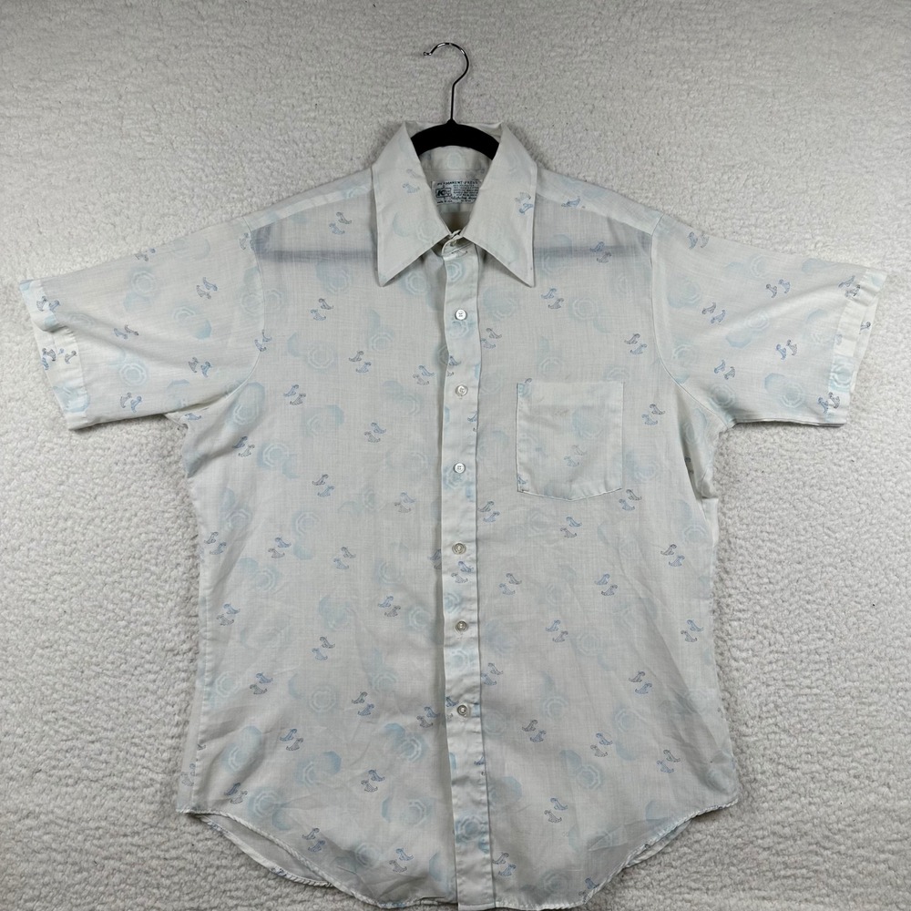 Vintage 70s Kmart Button Down Shirt Mens Permanent Press 16.5 White Blue Coastal